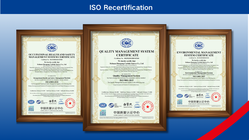 Carbide knives with ISO 9001, 45001, and 14001 Compliance